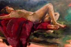 Delphine TERRAND - Nu sur tissu rouge – 61 x 38 cm Huile sur toile